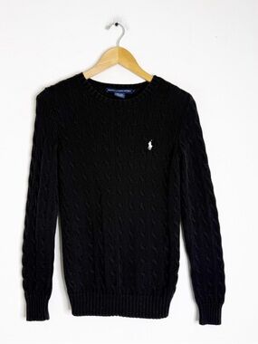 Ralph Lauren Sport Black Cable Knit Crewneck Sweater Pony Logo Size Medium